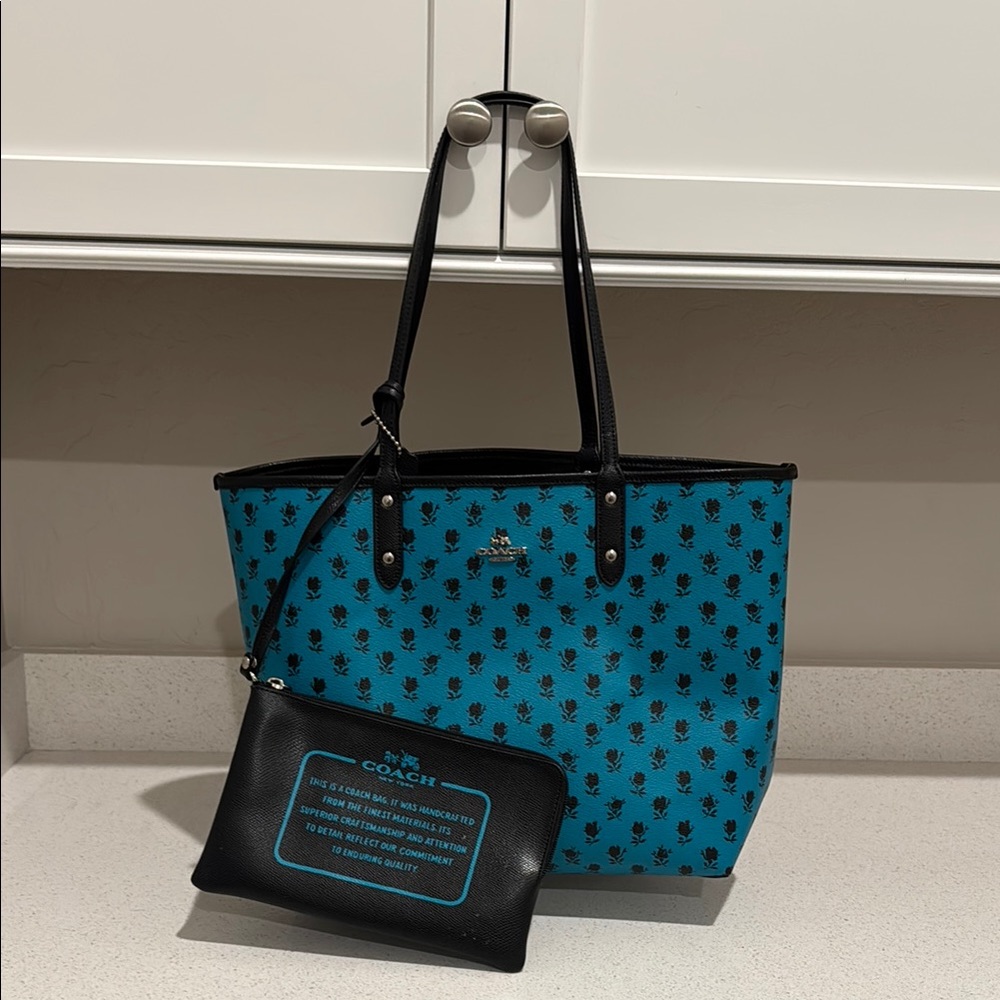 Coach Blue and Black Floral Tote - Picture 1 of 8